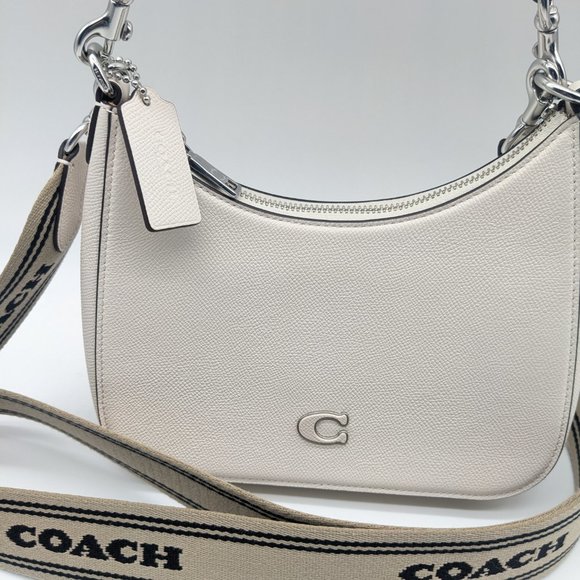 COACH Hobo pebbled leather logo strap shoulder crossbody bag - Chalk/Ivory - Picture 2 of 13